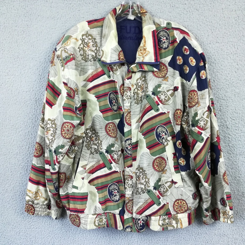 Vtg Fuda International Womens 100% Silk Jacket Bomber Baroque Nautical Zip Up L